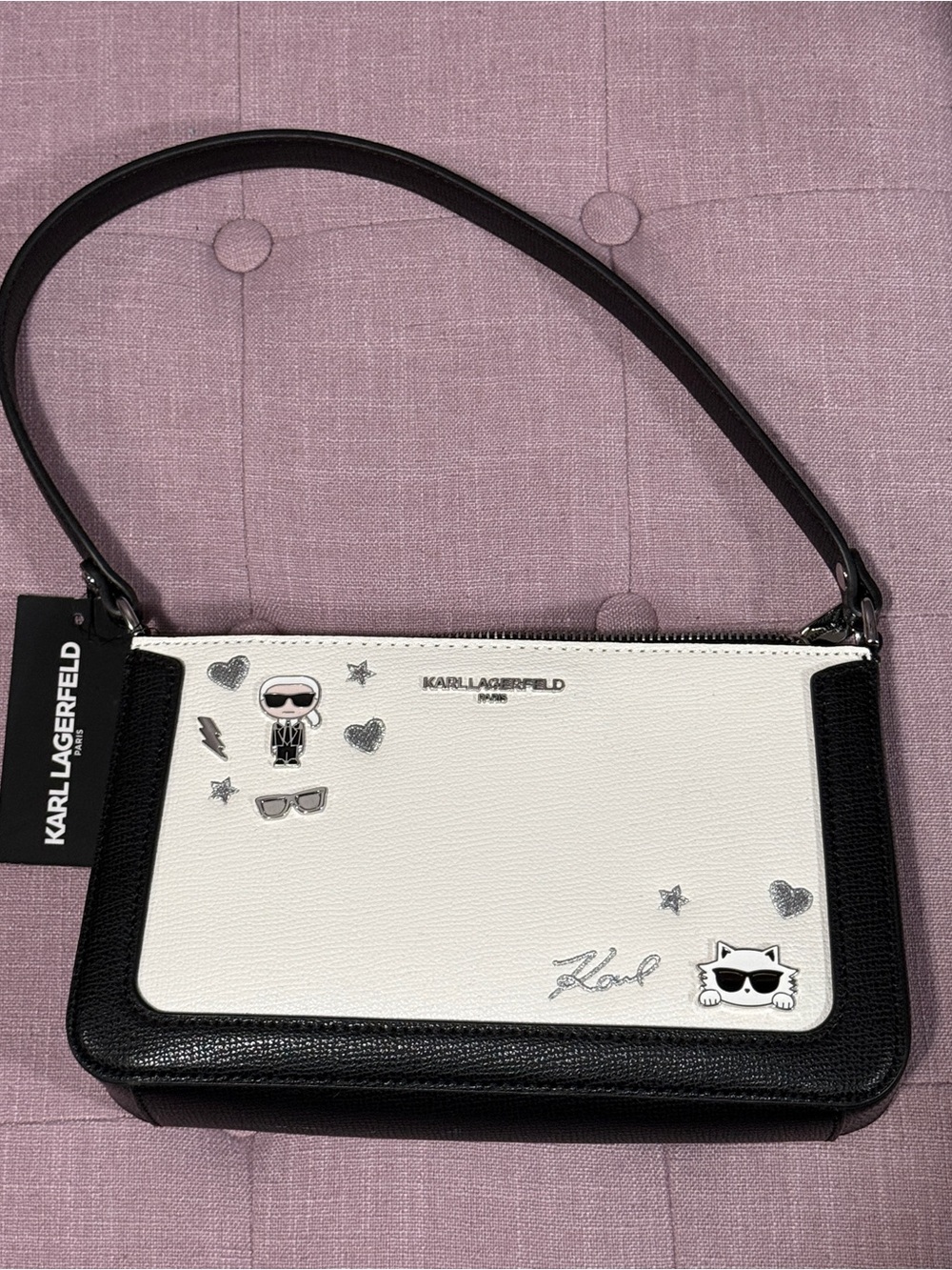 Karl Lagerfeld Black and White Leather Shoulder Bag with Enamel Motifs